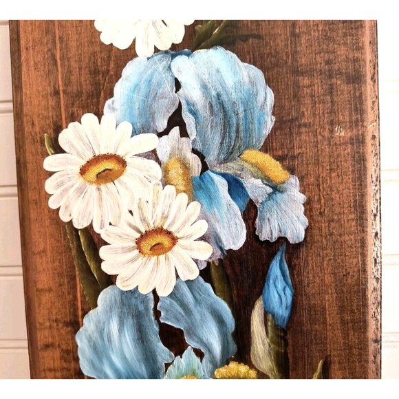 Vintage Floral Wall Plaque, Hand Painted Irises and Daisies, Solid Maple, EUC - Picture 4 of 10